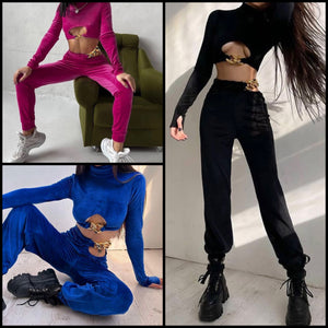 Women Velour Cut Out Chain Two Piece Pant Set