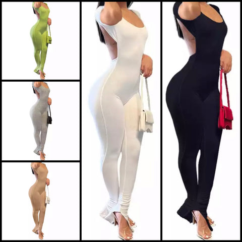 Women Sexy Solid Color Backless Jumpsuit