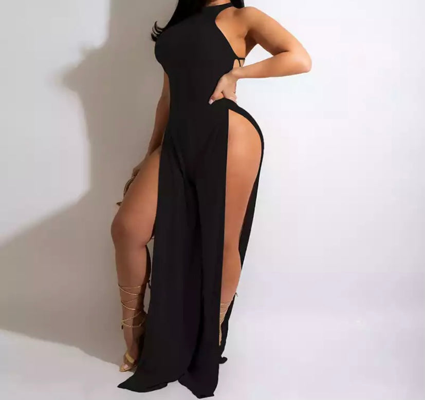 Women Sexy Backless High Side Split Jumpsuit