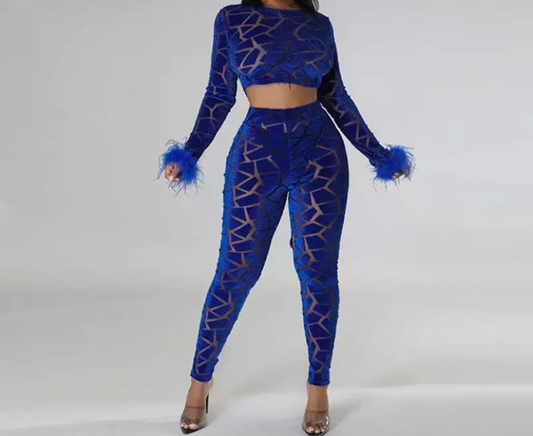 Women Sexy Velour Mesh Patchwork Feather Two Piece Pant Set