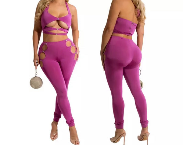 Women Sexy Cut Out Halter Crop Two Piece Pant Set