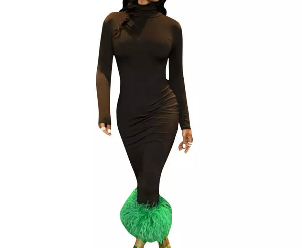 Women Turtleneck Full Sleeve Feather Maxi Dress