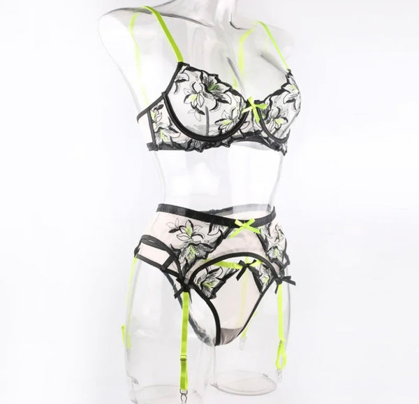 Women Sexy Black Neon Mesh Lingerie Set