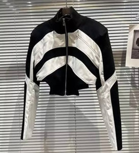 Women Fashion B&W PU Patchwork Crop Jacket