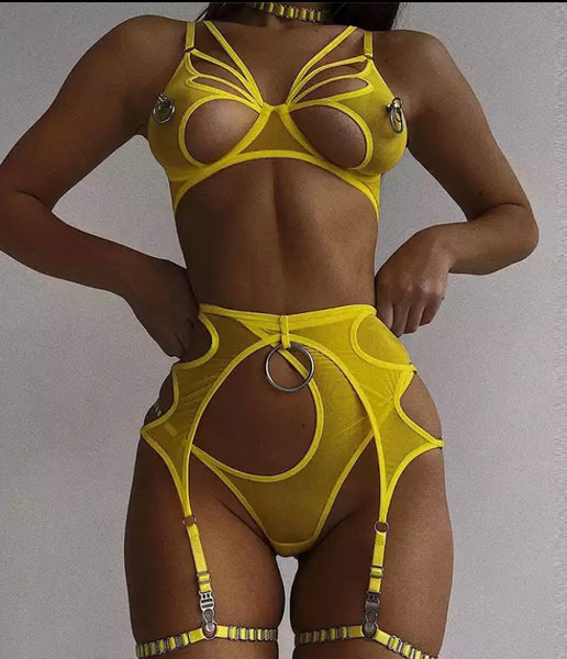 Women Sexy Yellow Choker Mesh Lingerie Set