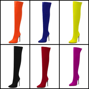 Women Color Pointed Toe High Heel Over The Knee Boots
