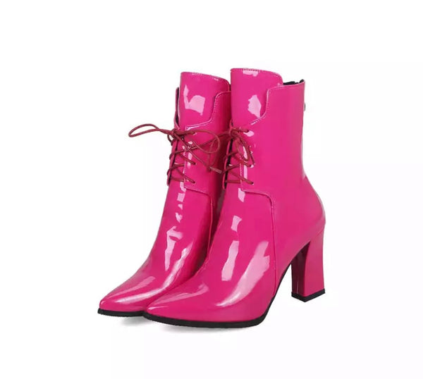 Women Pointed Toe Lace Up Fashion Ankle Boots