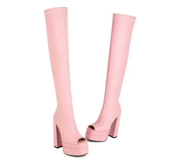 Women Fashion Faux Leather Open Toe Over The Knee Boots