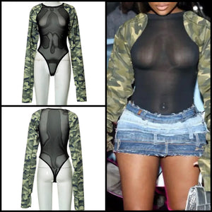 Women Fashion Full Sleeve Army Mesh Bodysuit Top