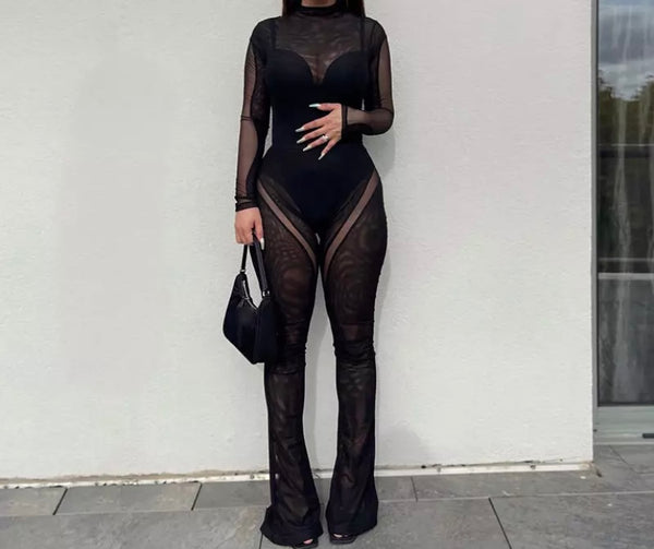 Women Sexy Fashion Black Mesh Bodysuit Two Piece Pant Set