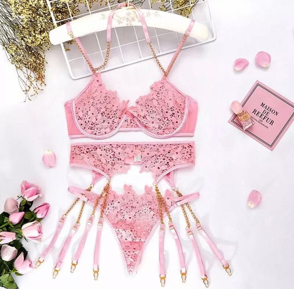 Women Pink Sexy Lace Three Piece Lingerie Set