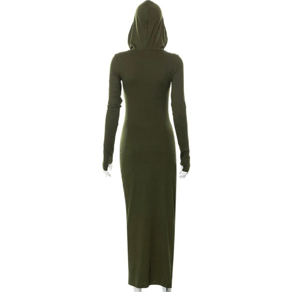 Women Fashion Hooded Side Zipper Full Sleeve Maxi Dress