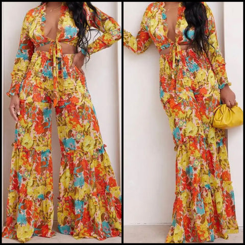 Women Sexy Floral Full Sleeve Two Piece Wide Leg Pant Set