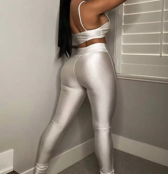 Women Sexy Solid Color Metal Crop Two Piece Pant Set