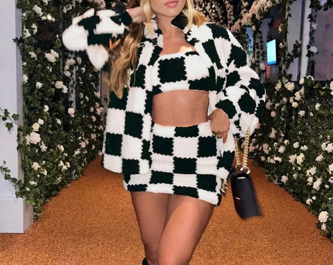 Women Sexy Fashion B&W Checkered Three Piece Skirt Set