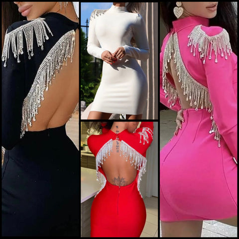 Women Open Back Bling Tassel Full Sleeve Dress