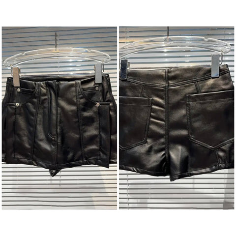 Women Faux Leather Fashion Black Wrap Shorts
