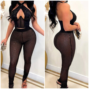 Women Sexy Sequins Halter Crop Two Piece See Through Pant Set