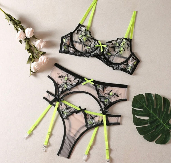 Women Sexy Neon Floral Mesh Lingerie Set