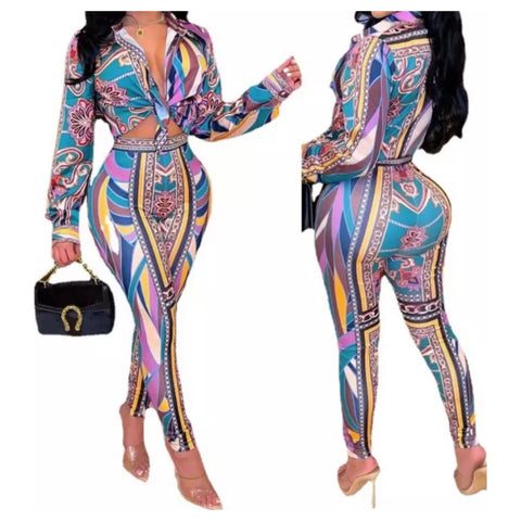 Women Multicolored Print Button Up Fashion Two Piece Pant Set