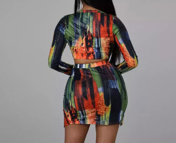 Women Sexy Multicolored Two Piece Crop Skirt Set