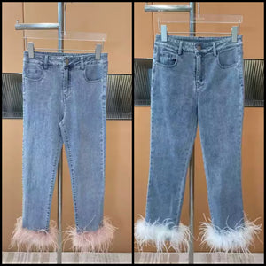 Women Fashion Feather Denim Pants