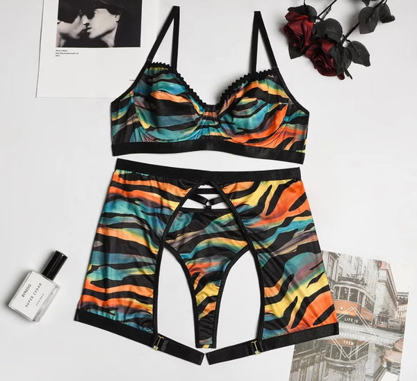 Women Sexy Multicolored Striped Fashion Lingerie Set