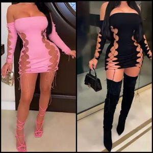 Women Sexy Off The Shoulder Cut Out Lace Up Full Sleeve Dress