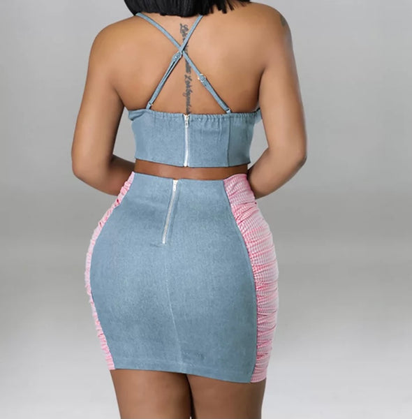 Women Sexy Sleeveless Printed Patchwork  Two Piece Denim Skirt Set