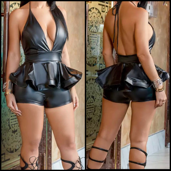 Women Black PU Halter Ruffled Two Piece Short Set