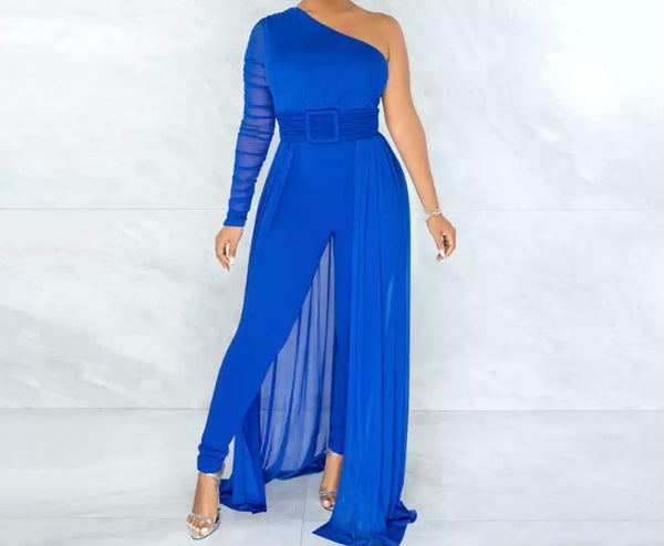 Women One Shoulder Mesh Patchwork Jumpsuit