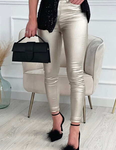 Women Fashion Metallic PU Skinny Pants