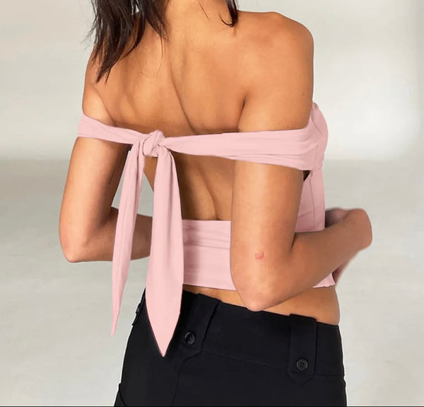 Women Sexy Off The Shoulder Tie Up Open Back Crop Top