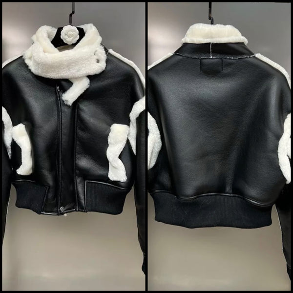 Women Fashion PU Warm Faux Fur Patchwork Jacket