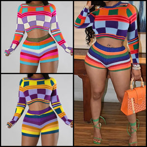 Women Sexy Fashion Full Sleeve Multicolored Striped Two Piece Short Set