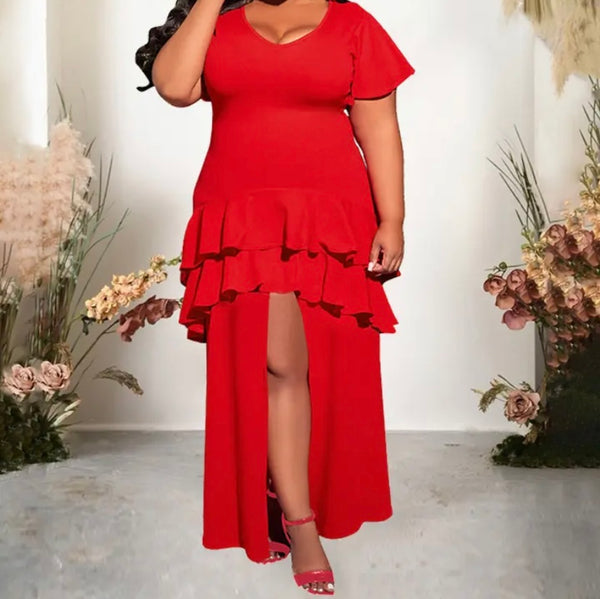 Women Sexy Short Sleeve Front Slit Ruffled Maxi Dress