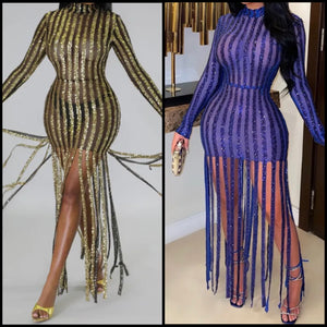 Women Sexy Full Sleeve Sequins Mesh Patchwork Tassel Dress