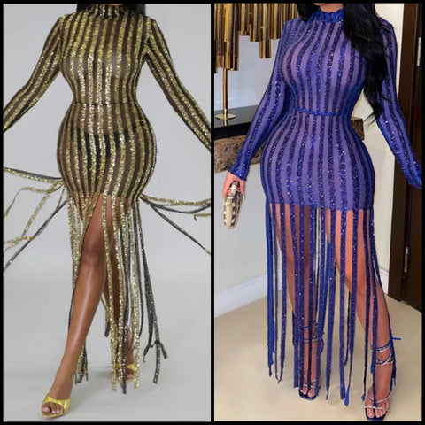 Women Sexy Full Sleeve Sequins Mesh Patchwork Tassel Dress