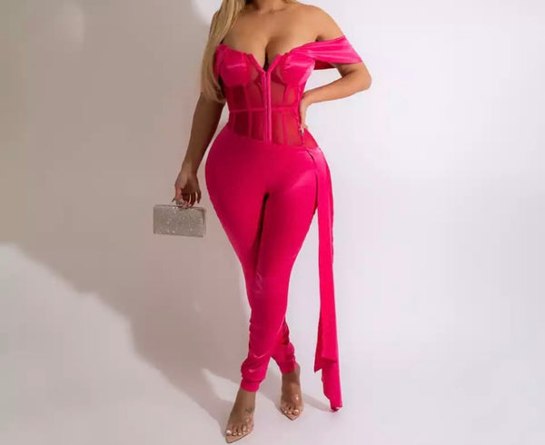 Women Sexy Off The Shoulder Mesh Patchwork Jumpsuit