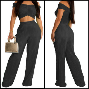 Women Sexy Short Sleeve Crop Ribbed Two Piece Pant Set