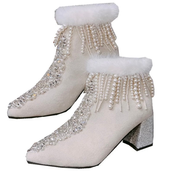 Women Pearl Beaded Faux Fur Suede Ankle Boots