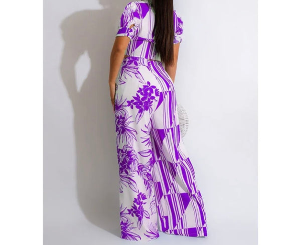 Women Printed Two Piece Short Sleeve Wide Leg Pant Set
