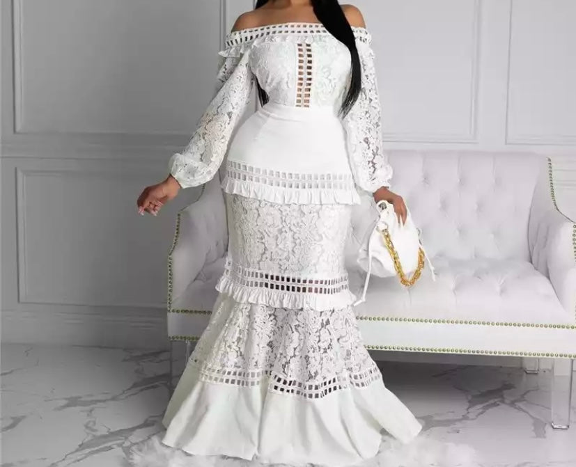 Women White Off The Shoulder Lace Patchwork Maxi Dress