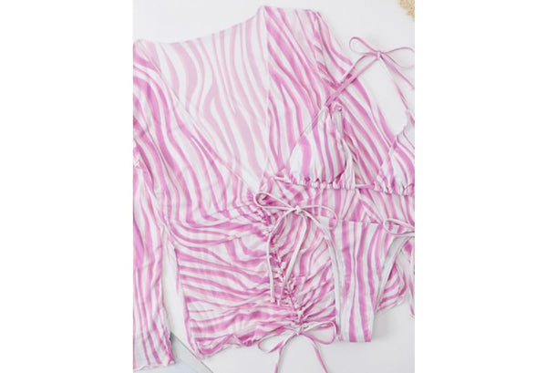 Women Sexy Striped Three Piece Bikini Cover Up Set