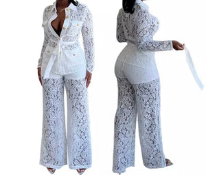 Women Sexy White Lace Full Sleeve Two Piece Pant Set