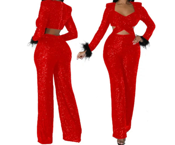 Women Sexy Sequins Cut Out Full Feather Sleeve Jumpsuit
