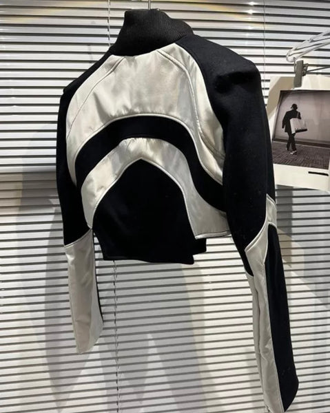 Women Fashion B&W PU Patchwork Crop Jacket