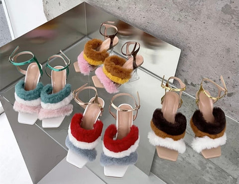 Women Fashion Colorful Faux Fur Clear Heel Sandals