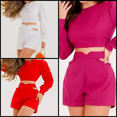 Women Solid Color Full Sleeve Crop Two Piece Short Set