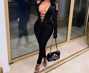 Women Sexy Black Printed Lace Up Cut Out Jumpsuit